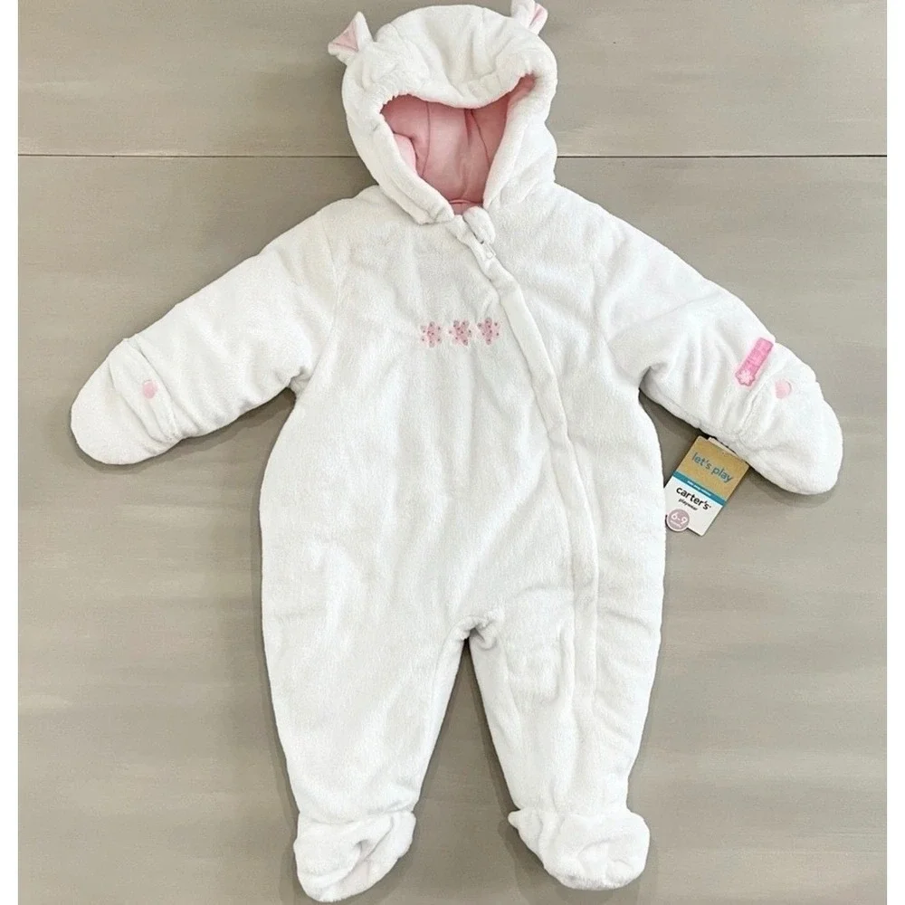 Carter's Baby Girl Bunting 6–9M Snowsuit Faux Fur Mouse White Pink Hood NWT